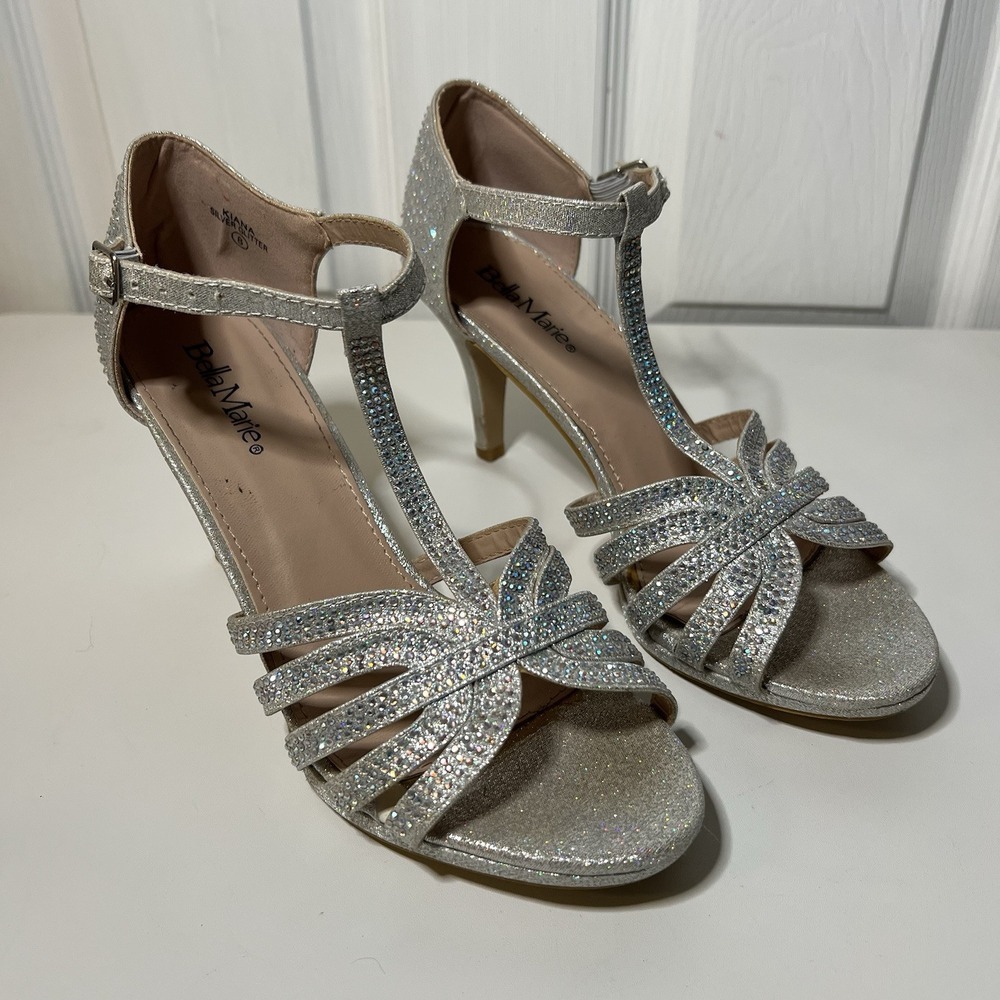 BellaMarie Kiana Size 8 Ankle Strap Peep Toe, Silver Rhinestone 3" High Heels